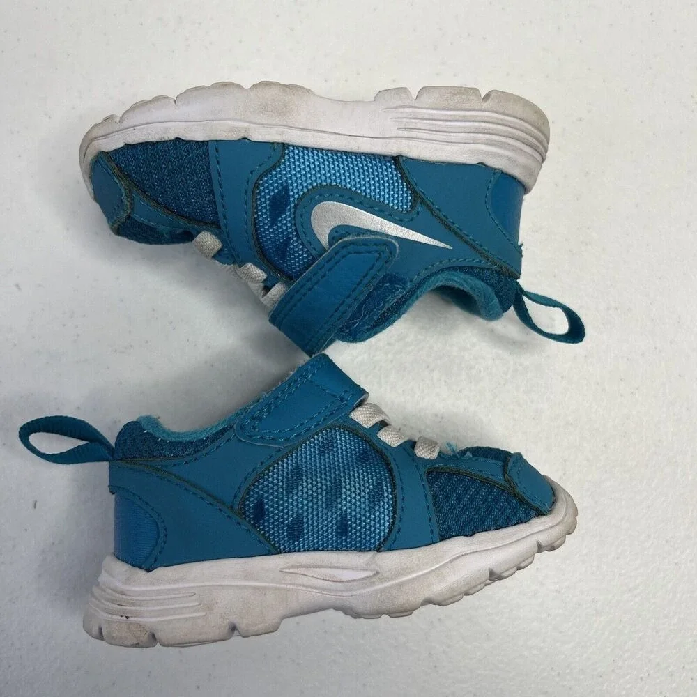 Nike Infant Size 3C Fusion Run 525595 401 Turquoise Blue Leather‎ Mesh Hook Loop